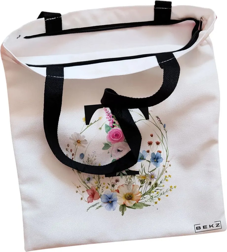 Sacosa de Panza pentru Cumparaturi, Geanta Tote, Cu litera T in Coronita Florala, Cu fermoar, 38x34.5 cm, Alba, BEKZ®