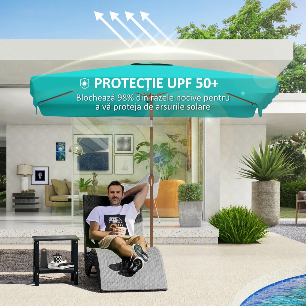 Outsunny Umbrelă de Grădină Înclinabilă cu Deschidere cu Manivelă și Orificiu de Aerisire, 300x200x235 cm, Turcoaz | Aosom Romania