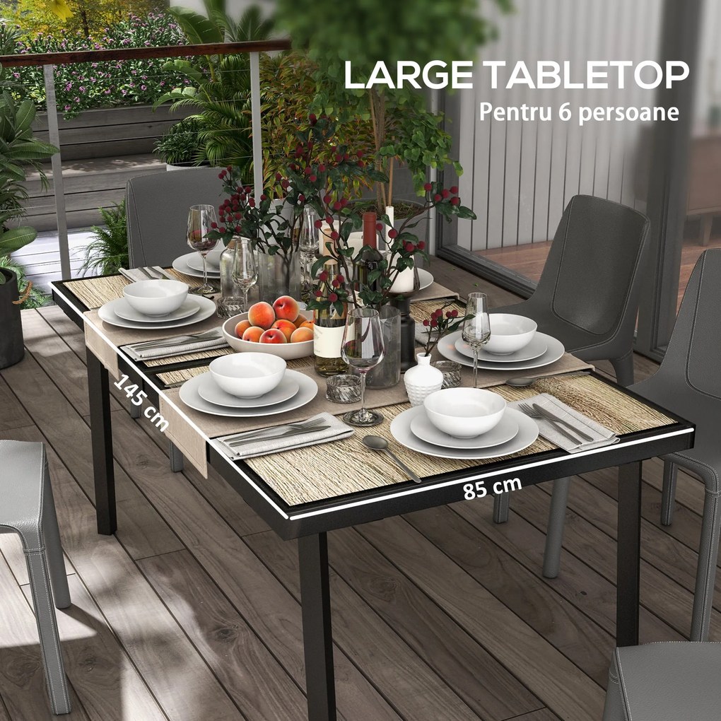 Outsunny Masă de Patio, Masă de Balcon, Masă de Dining pentru Exterior 145 x 85 cm pentru 6 Persoane cu Efect de Lemn, Cadrul din Oțel, Gri | Aosom Romania
