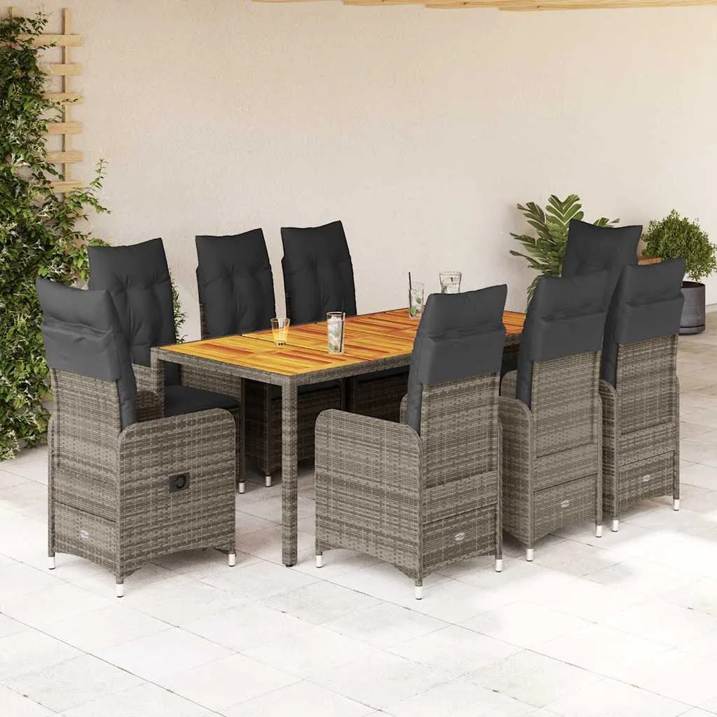 vidaXL Set bistro de grădină cu perne, 9 piese, gri, poliratan