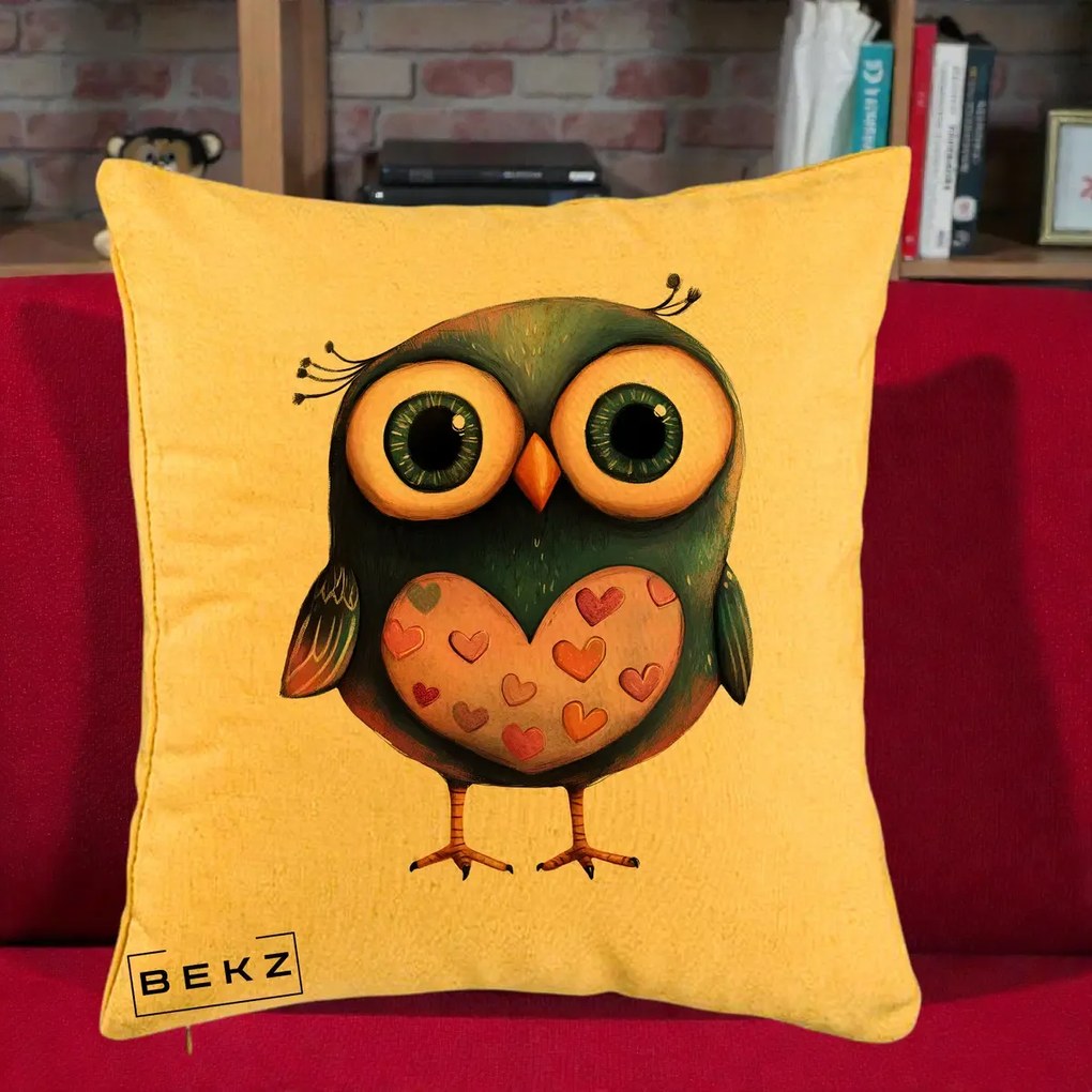 Perna Decorativa Bufnita cu Inimioare Roz, 40x40 cm, Galben, Husa Detasabila, Perna Inclusa, BEKZ®