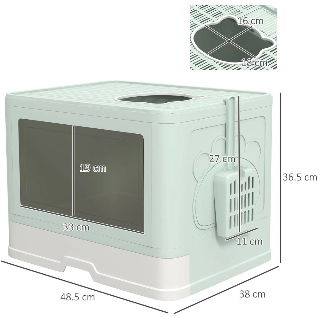 PawHut Litieră de nisip pentru pisici cu Capac, Intrare Dublă, Sertar, Lopățică, Verde | Aosom Romania