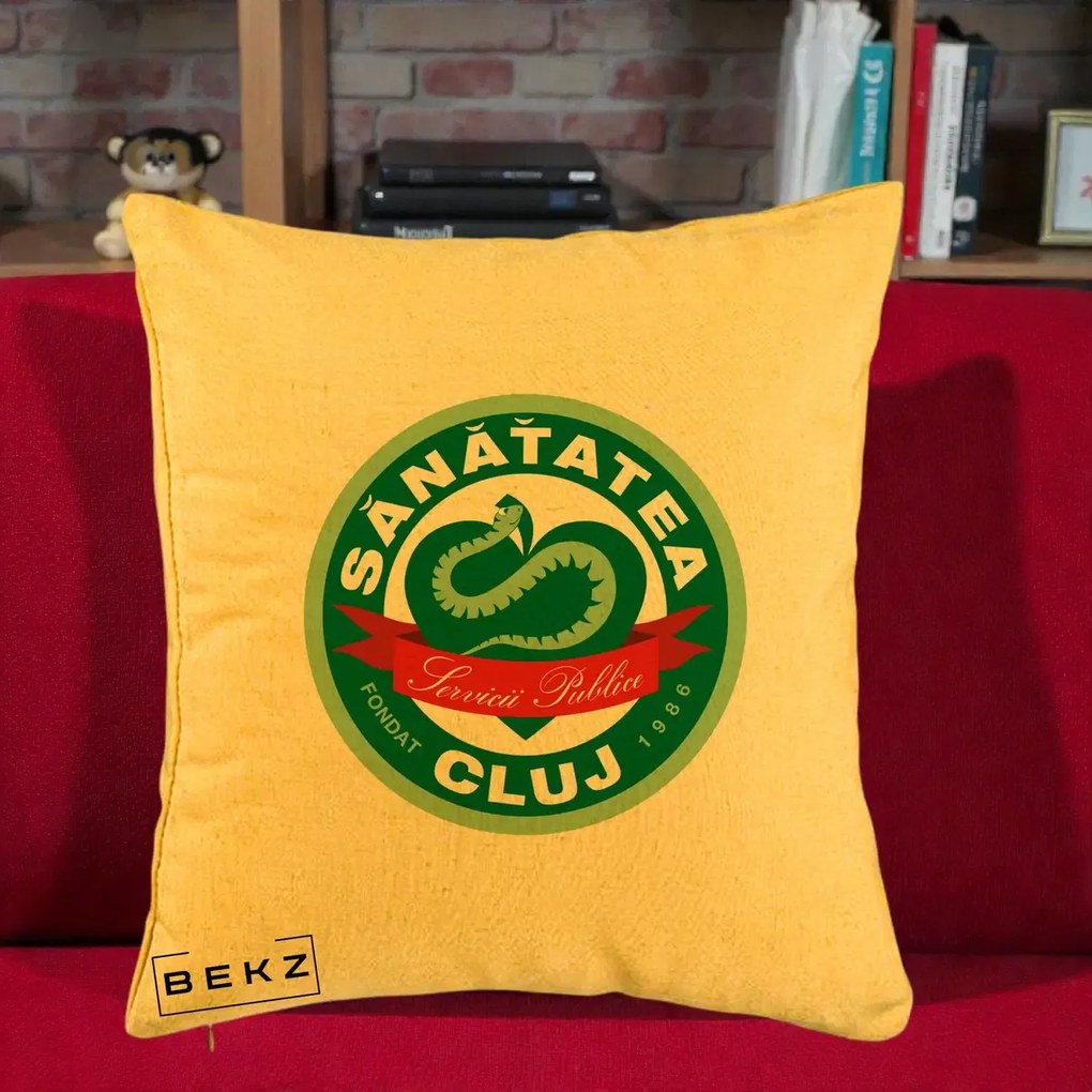 Perna Personalizata Sanatatea Cluj Servicii Publice 1986, 40x40 cm, Galben, Husa Detasabila, Perna Inclusa, BEKZ®
