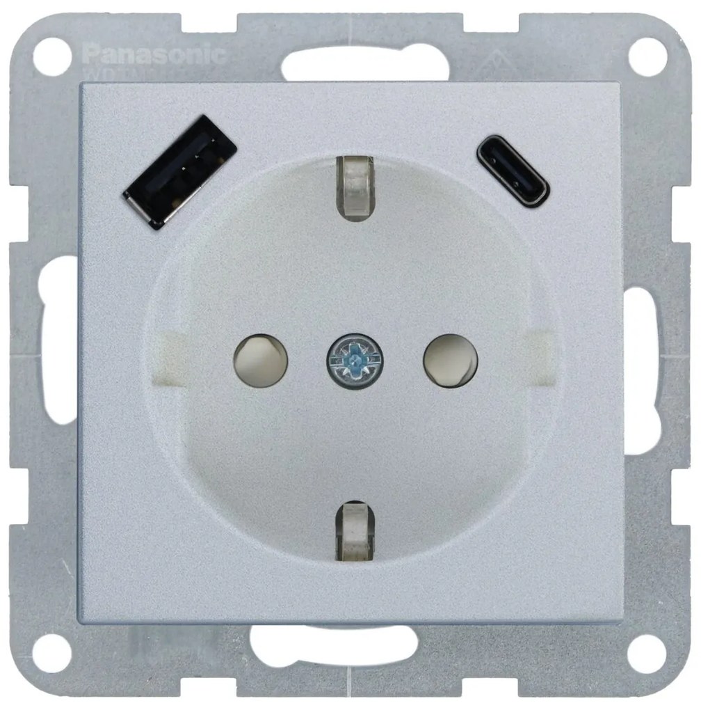 Priza simpla cu impamantare, protectie copii, USB A+C, 16A, IP20, Argintiu, Panasonic Karre Plus 55