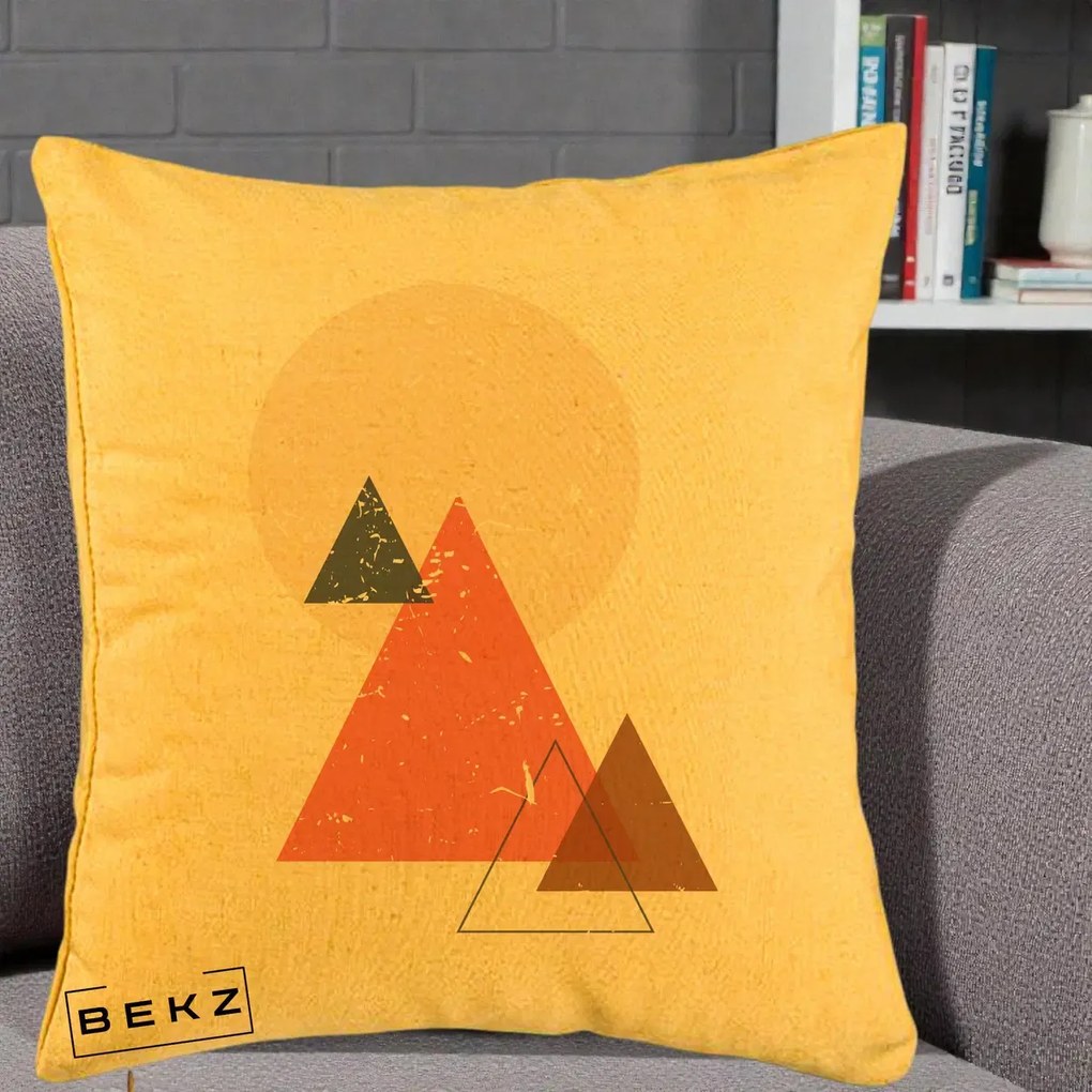 Perna Decorativa Geometric Munti si Soare, 40x40 cm, Galben, Husa Detasabila, Perna Inclusa, BEKZ®