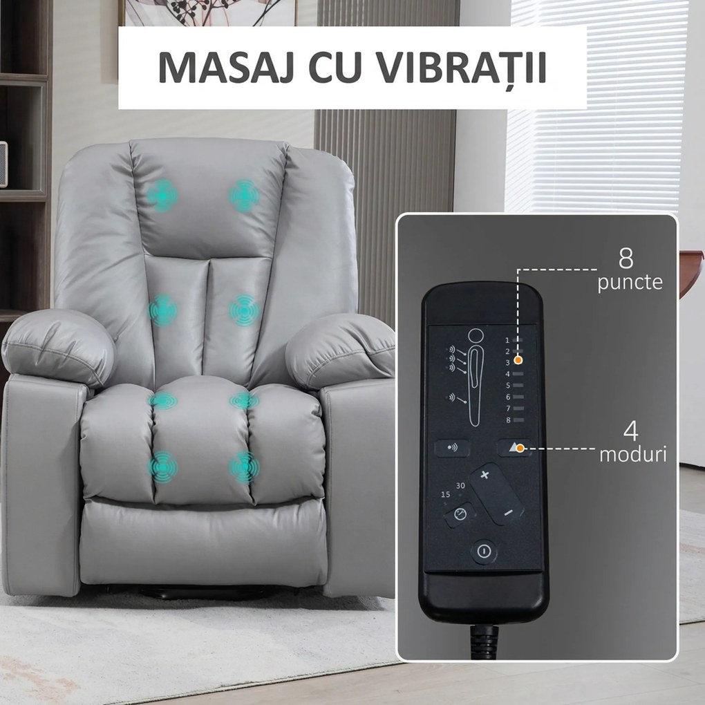 HOMCOM Scaun Electric Rabatabil cu 8 Puncte de Masaj și Telecomandă, Fotoliu Modern din Microfibră, 94x96x106 cm, Gri | Aosom Romania