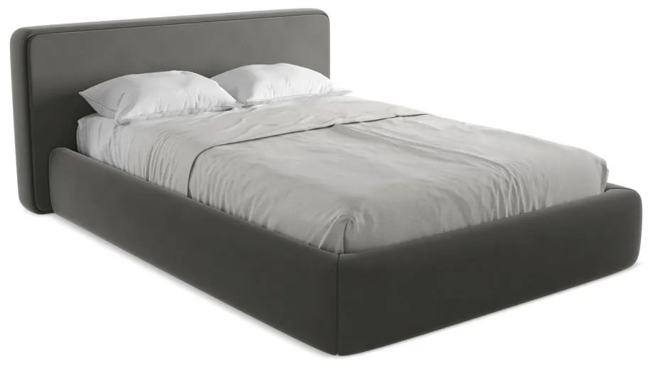 Pat matrimonial gri închis tapițat cu spațiu de depozitare cu somieră 140x200 cm Kiana – Makamii