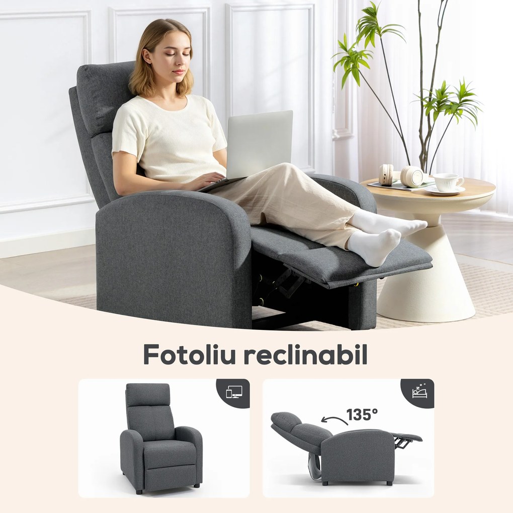 HOMCOM Fotoliu Relax și Reclinabil la 135° cu Suport de Picioare în Material Textil, 69x87x100.5 cm, Gri | Aosom Romania