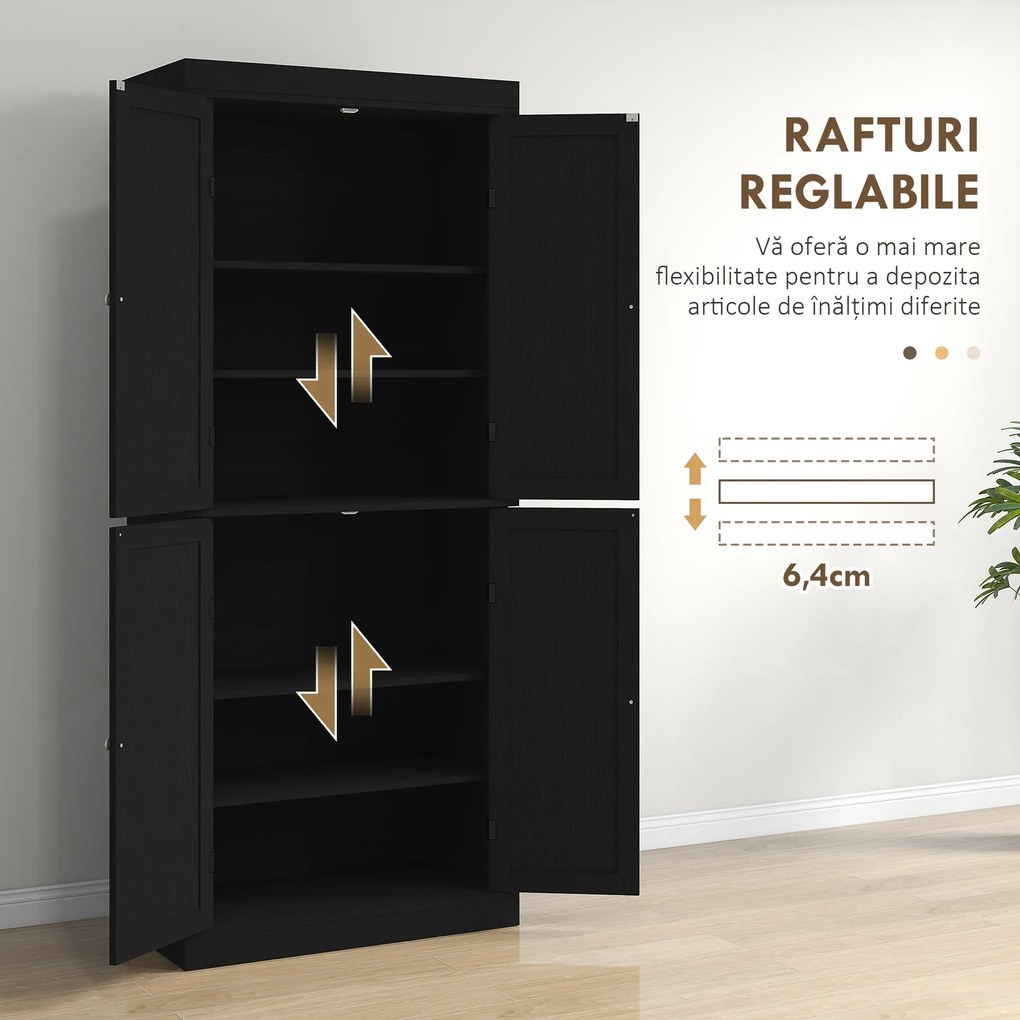 HOMCOM Dulap Înalt de Bucătărie cu 6 Rafturi și 2 Uși, Dulap cu Rafturi Reglabile din Lemn, 76x40,5x184 cm, Alb | Aosom Romania