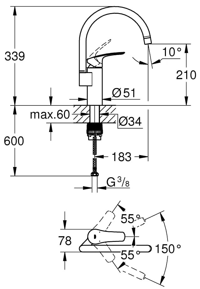 Baterie bucatarie Grohe Eurosmart , pipa pivotanta,crom-33202003