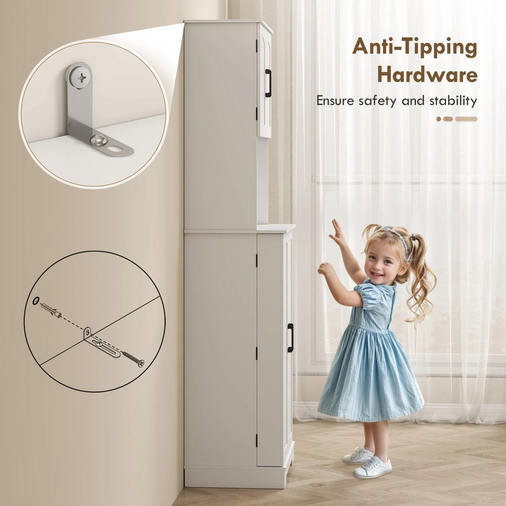 HOMCOM Dulap de bucătărie înalt, stil country, cu 2 dulapuri și 8 suporturi pentru condimente, 60x40x181.5 cm, alb | Aosom Romania