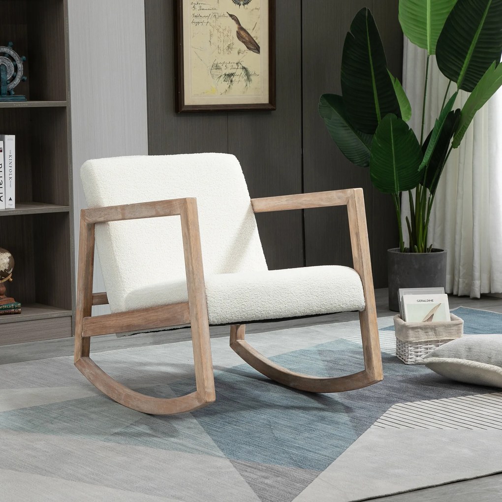 HOMCOM Scaun Balansoar Minimalist cu Pernuțe pentru Scaun și Spătar, Scaun pentru Sufragerie din Lemn de Caucciuc, Pluș și Spumă, 60x81x71 cm, Crem | Aosom Romania