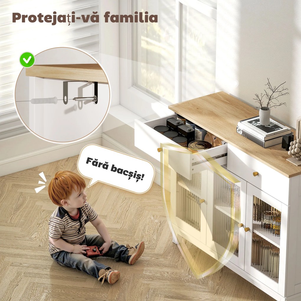 HOMCOM Bufet Bucătărie cu 2 Dulapuri și 2 Sertare, Uși din Sticlă Securizată Canelată, Bufet Sufragerie cu Rafturi Ajustabile, pentru Living sau Sufragerie, 100x35x80.3 cm, Alb și Stejar | Aosom Romania