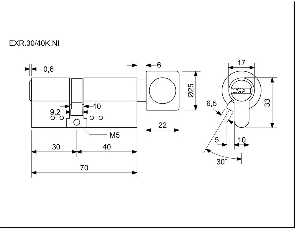 Cilindru cu buton Richter EXR.30/40K.NI em 30+40Kmm, 6 chei