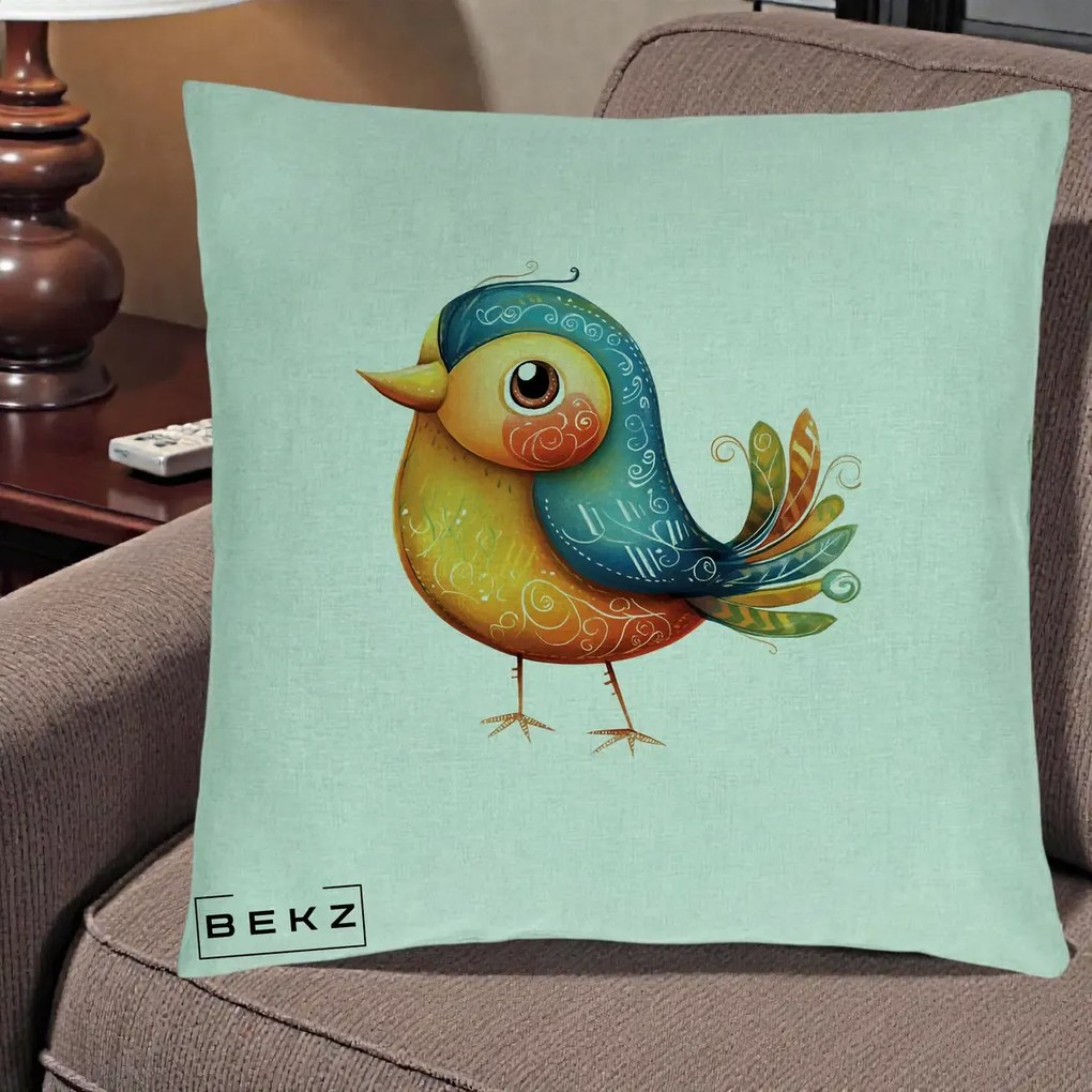 Perna Decorativa Pasare Folk Art Portocalie-Teal, 40x40 cm, Verde Menta, Husa Detasabila, Perna Inclusa, BEKZ®