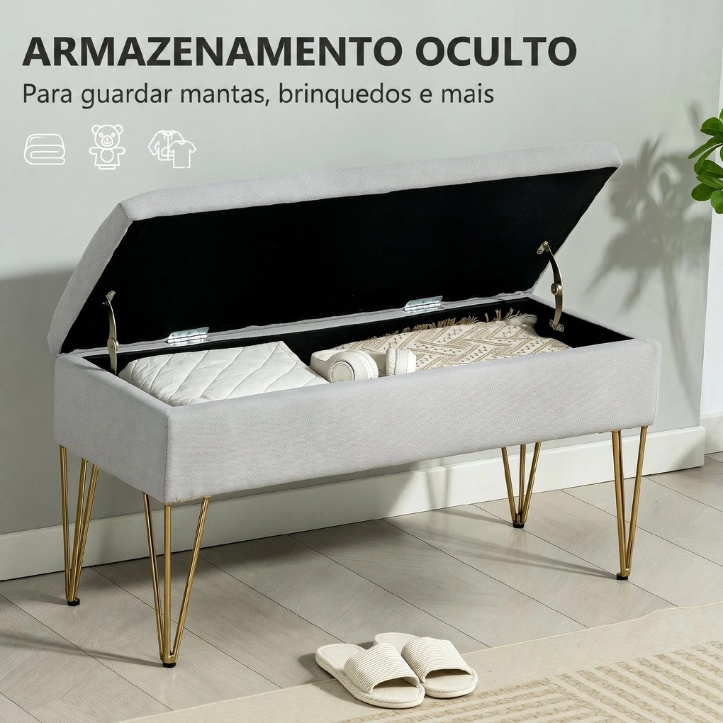 HOMCOM Bancă cu Depozitare din Material Textil și Picioare din Oțel, 100x40x49 cm, Gri Deschis | Aosom Romania