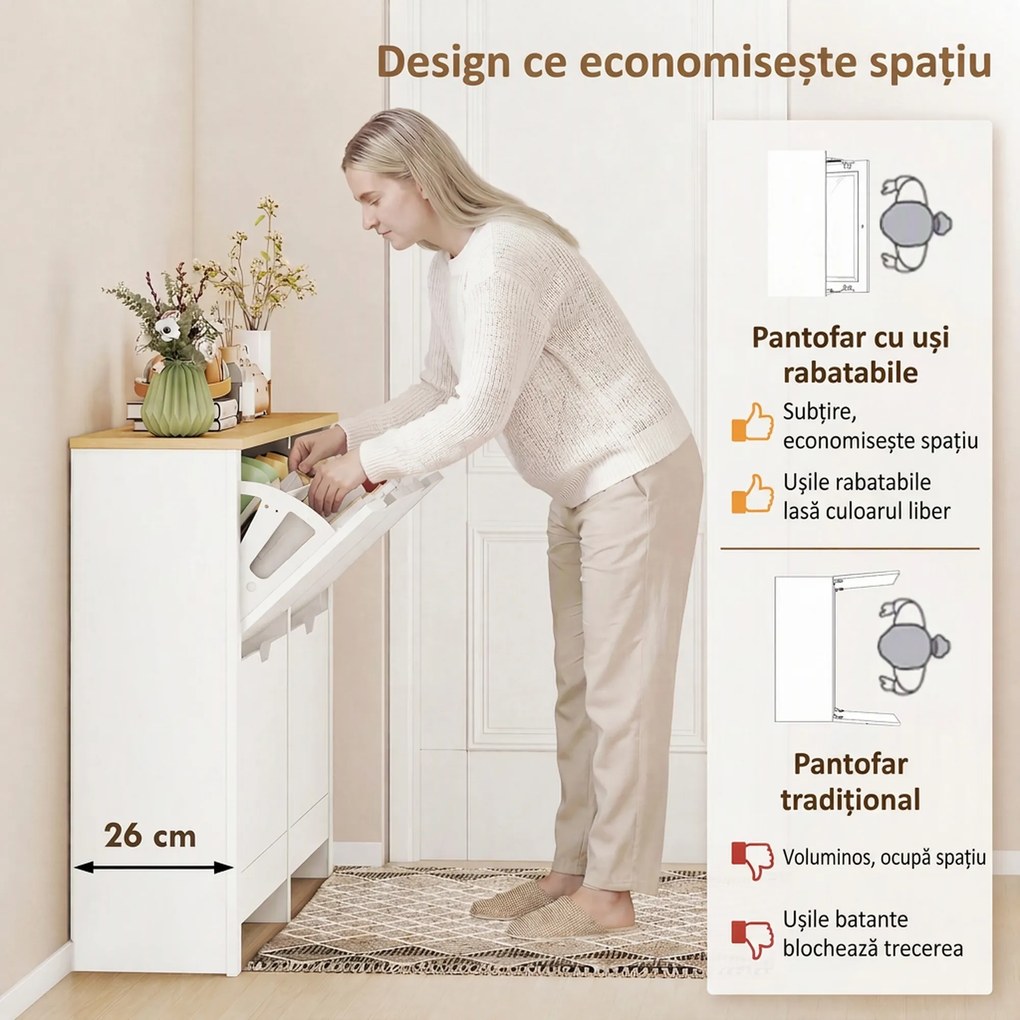 HOMCOM Pantofar Modern pentru max. 16 Perechi, cu 4 Sertare Reglabile și Detașabile, din Lemn, 105x26x80 cm, Alb | Aosom Romania