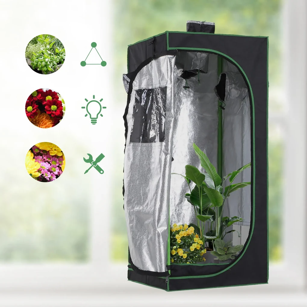 Outsunny Cort pentru Cultura Hidroponic, Spaiu de Cretere Plante,  60x60x140 cm, Rezistent la Lumin, Negru | Aosom Romania | BIANO