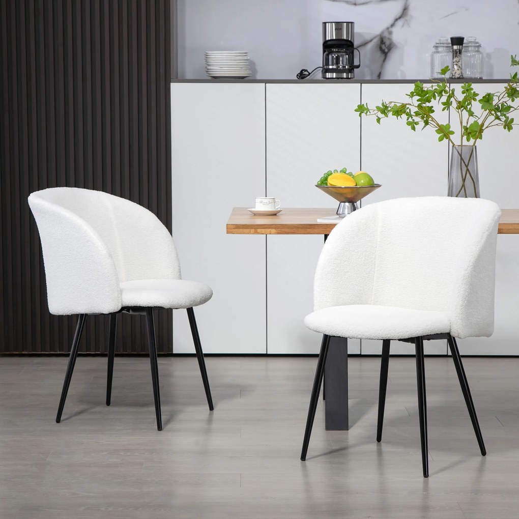 HOMCOM Set de 2 scaune de dining cu spătar din material textil cu efect de lână buclată picioroane din oțel 55 x 62 x 80 cm alb negru | Aosom Romania