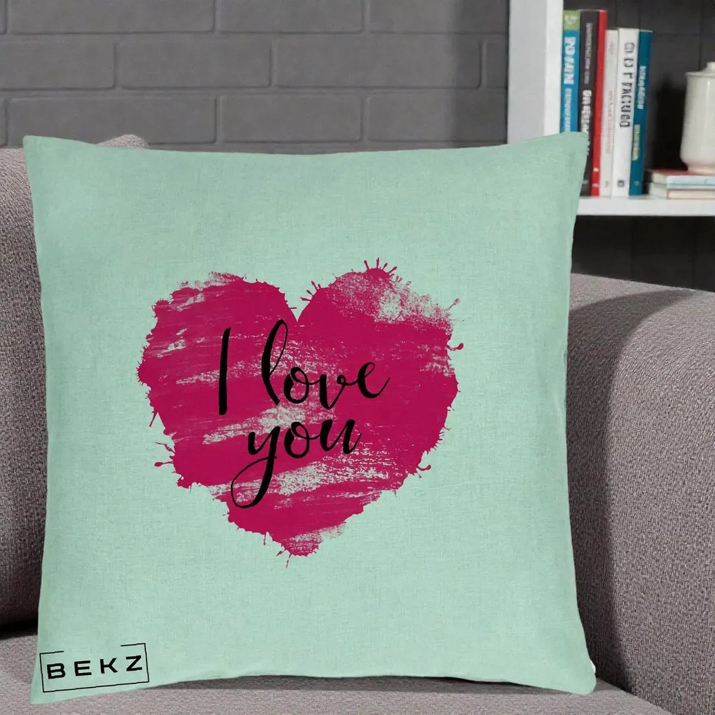 Cadou Romantic - Perna Personalizata I Love You Inima Roz, 40x40 cm, Verde Menta, Husa Detasabila, Perna Inclusa, BEKZ®