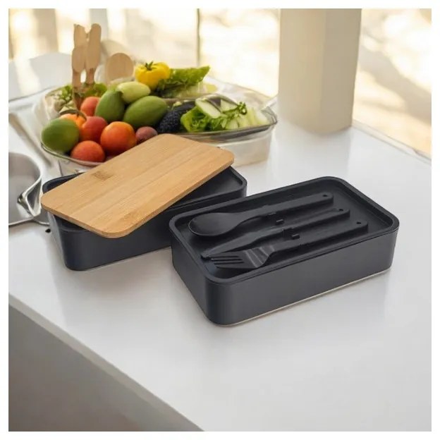 Cutie de pranz DUO LUNCH cu tacamuri, negru/bambus