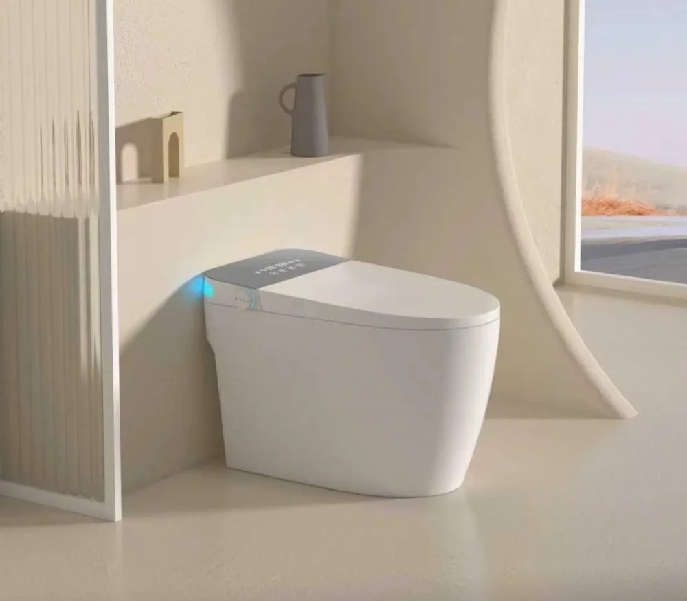 Smart WC R02 – Vas de Toaletă Inteligent cu rezervor integrat, deschidere automată, spălare cu apă caldă, uscare, senzor de picior, capac cu încălzire, afișaj LED, evacuare P-Trap, Alb/Gri