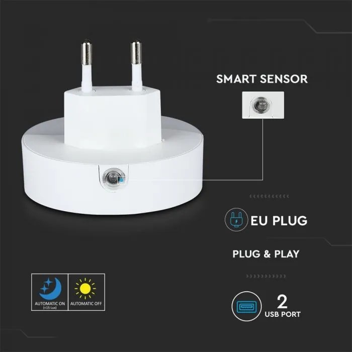 Lampa de veghe rotunda cu senzor si USB, chip Samsung, 0.45W, lumina calda (3000K), 2A, V-TAC