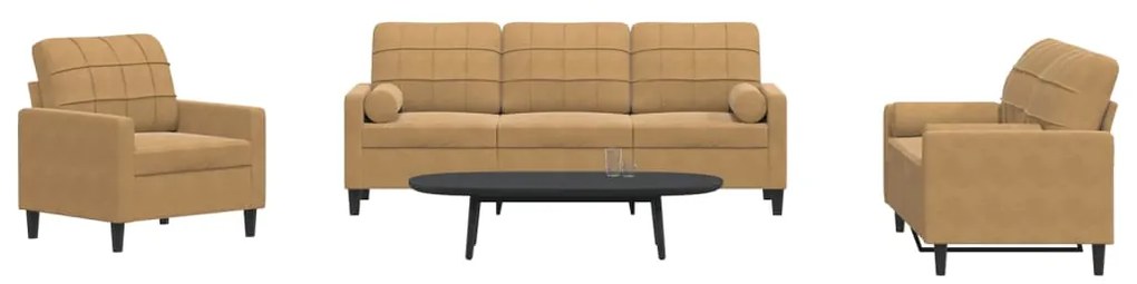 vidaXL Set de canapele cu perne/rulouri, 3 piese, maro, catifea