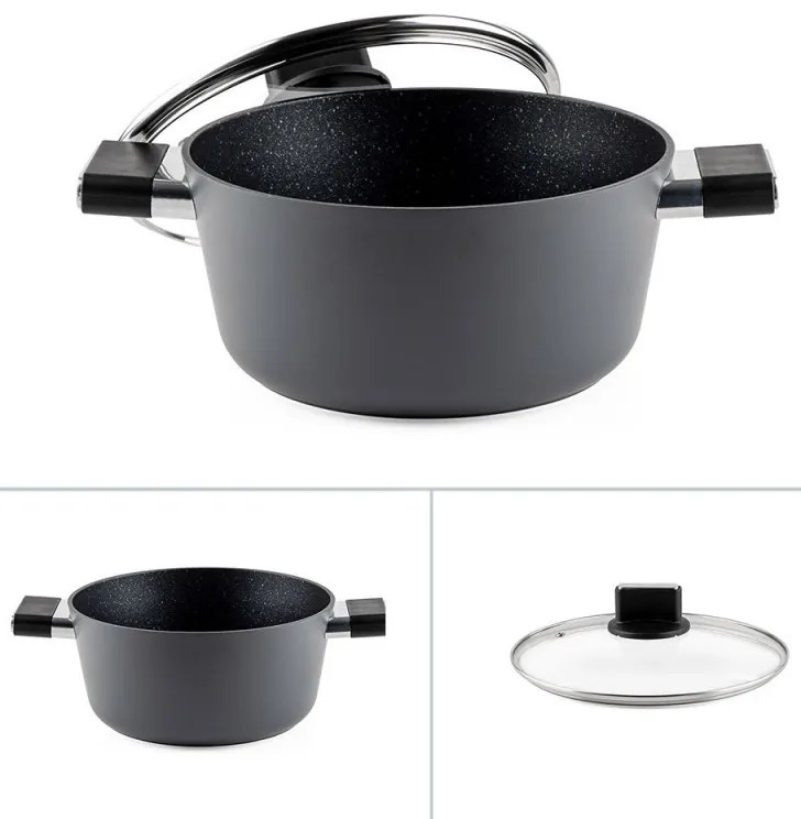 Cratiță Luigi Ferrero Regina FR-2440 24x11.5 cm, 4.3 l, Acoperire antiaderentă cu efect de marmură, Capac din sticlă cu gaură pentru abur, Negru