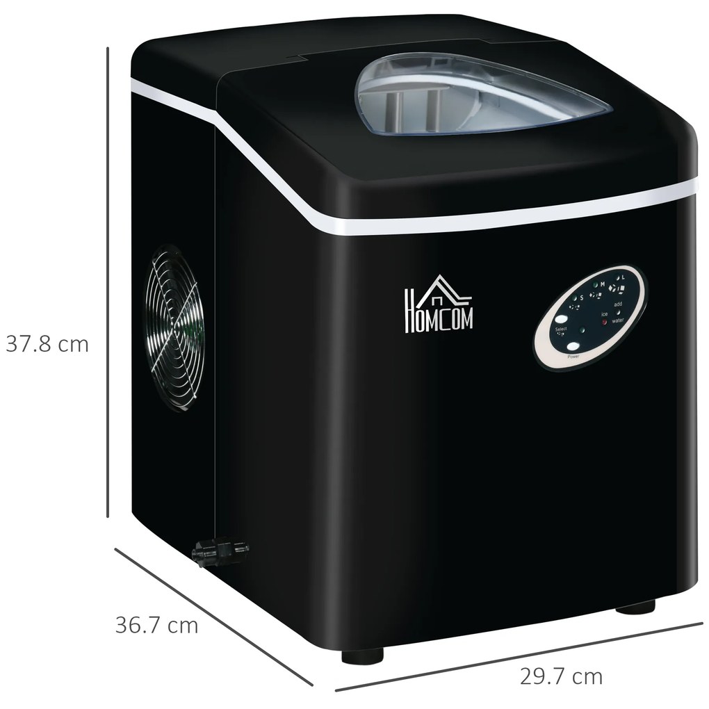 HOMCOM Mașină de Făcut Gheață Rapidă 15kg/24h Compactă Ușor de Utilizat Negru | Aosom Romania