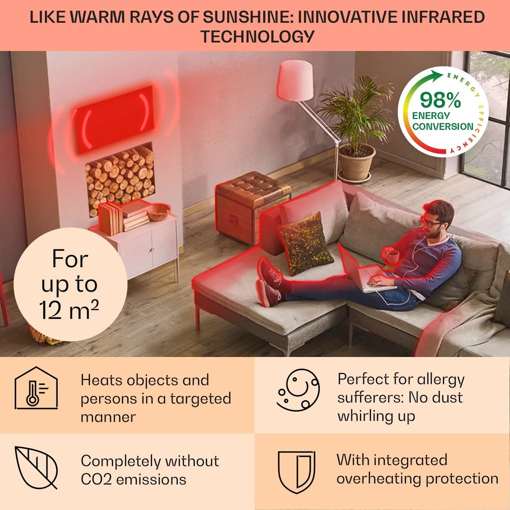 Klarstein Wonderwall Air 60, încălzitor cu infraroșu, 60 x 101 cm, 600 W, montat pe perete, telecomandă, alb