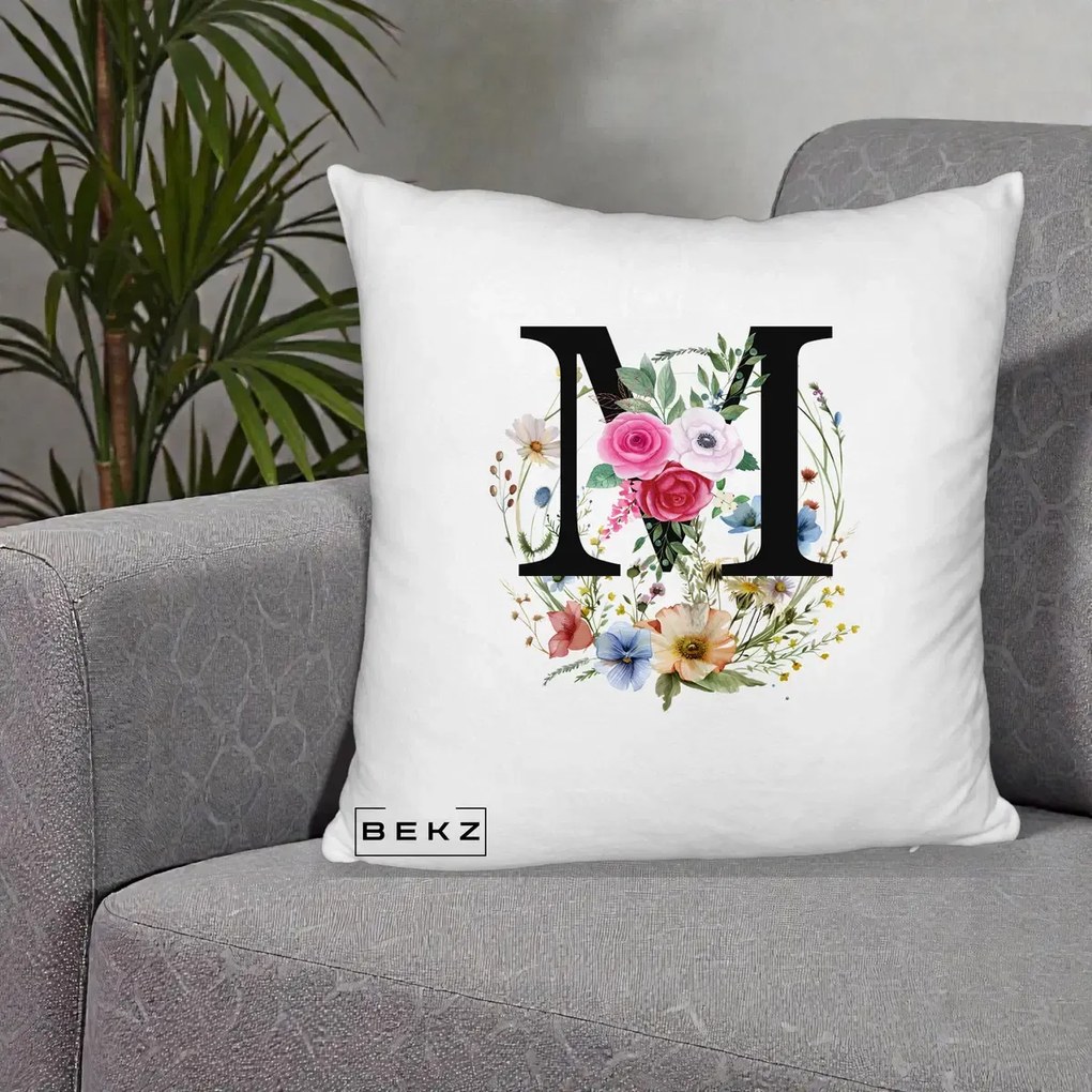 Cadou Personalizat - Perna Personalizata Monogram Litera M cu Flori Acuarela, 40x40 cm, Alb Pufos, Husa Detasabila, Perna Inclusa, BEKZ®