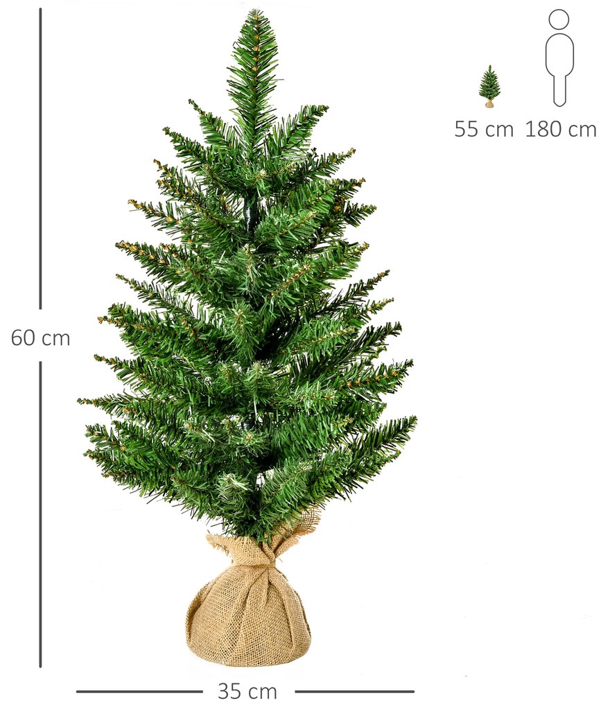 Mini Brad de Craciun Artificial 60 cm, Pin, 70 Ramuri, cu baza in iuta, decoratiune de Craciun HOMCOM | Aosom RO