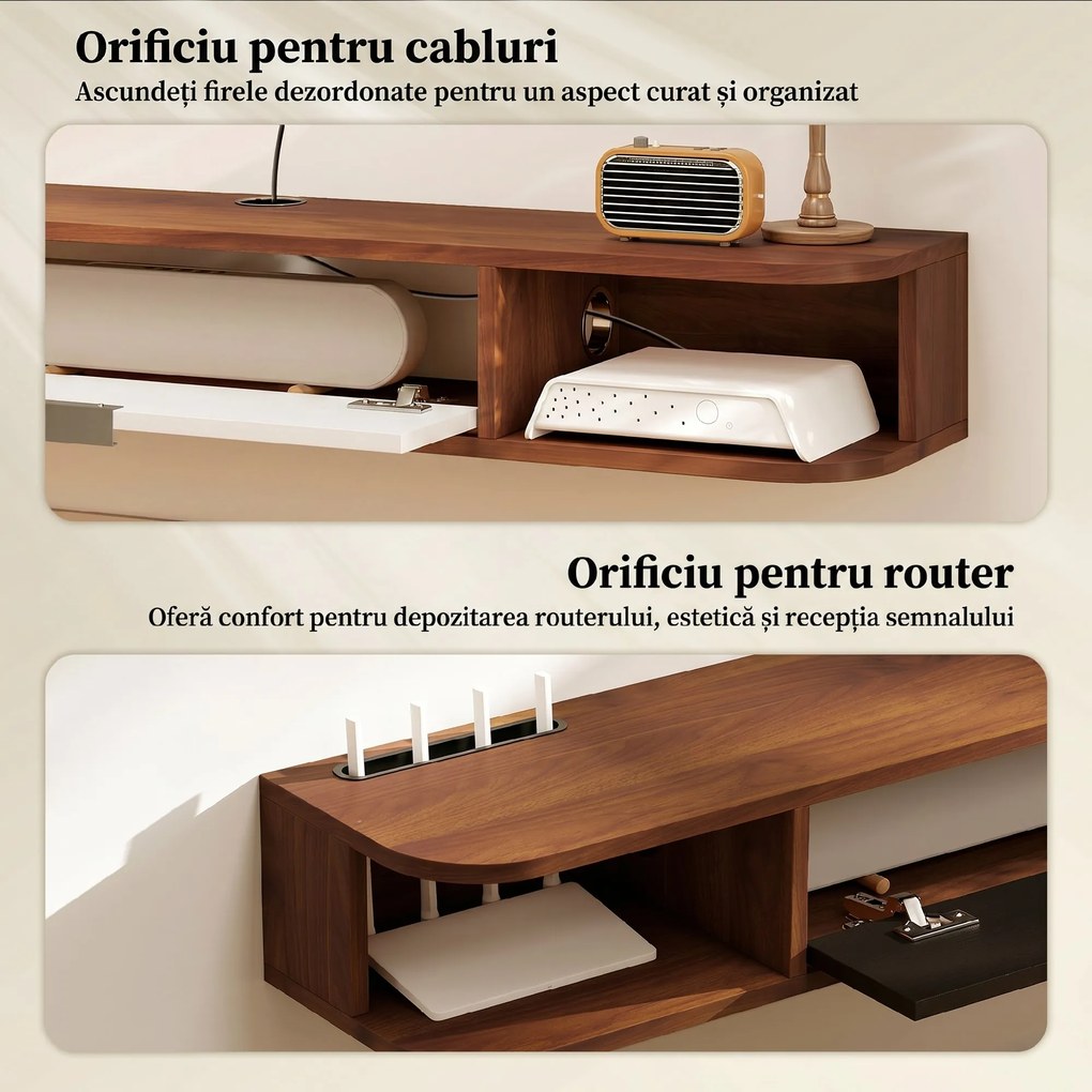 HOMCOM Mobilier TV Suspendat, Suport TV Până la 50" cu Sertar Rabatabil, 2 Rafturi Deschise și Orificiu pentru Cabluri, Mobilier pentru Televizor pentru Sufragerie, Dormitor și Sală de Stat, 120x24x16 cm, Nuc | Aosom Romania