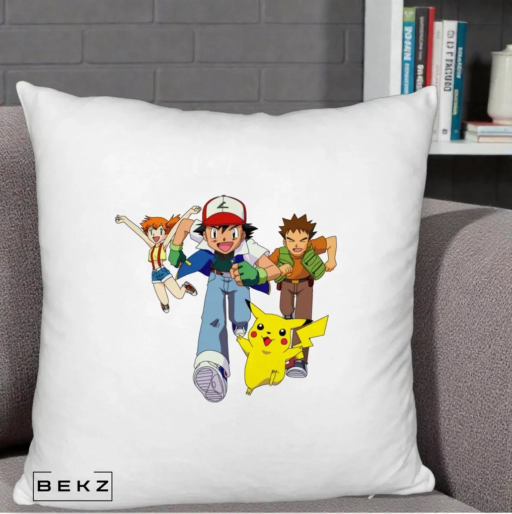 Perna Personalizata Pokemon Ash Misty Brock si Pikachu, 40x40 cm, Alb Pufos, Husa Detasabila, Perna Inclusa, BEKZ®