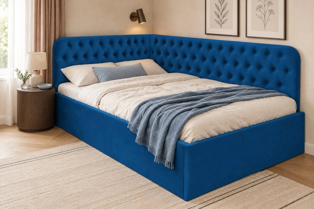 Pat tapițat pentru copii din catifea Elyra 140×200 cm, albastru, colț dreapta, cu ladă de depozitare