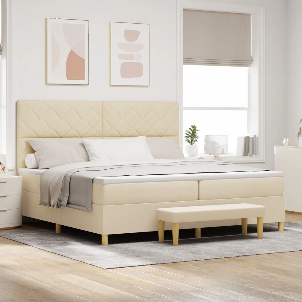 vidaXL Pat cu arcuri cu saltea și bancă crem 200x200 cm țesătură