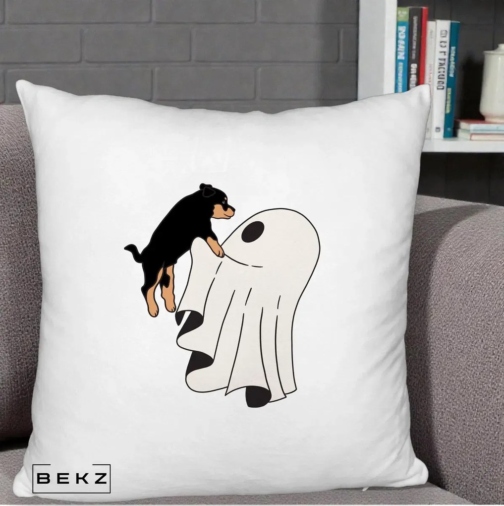 Perna Decorativa Caine Rottweiler Fantoma Halloween, 40x40 cm, Alb Pufos, Husa Detasabila, Perna Inclusa, BEKZ®