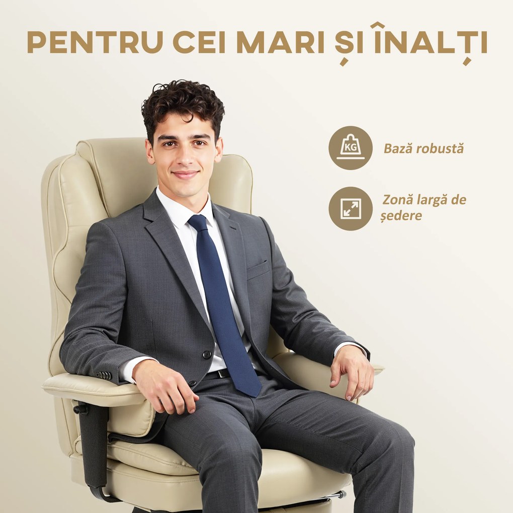 HOMCOM Scaun de birou cu suport pentru picioare și tetieră, din piele PU, spumă și metal, 76x73x117-125 cm, crem | Aosom Romania