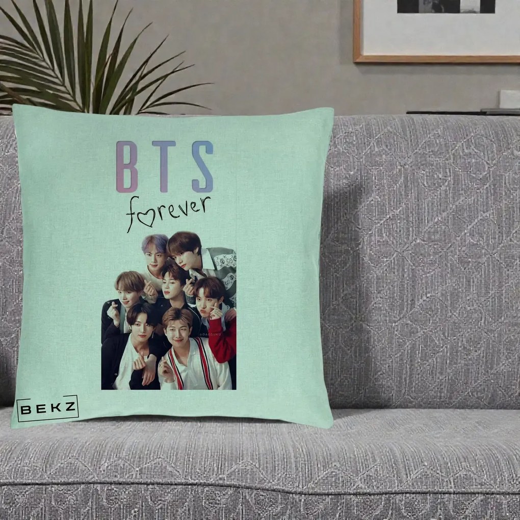 Perna Personalizata K-pop BTS Forever cu Foto Grup Negru, 40x40 cm, Verde Menta, Husa Detasabila, Perna Inclusa, BEKZ®