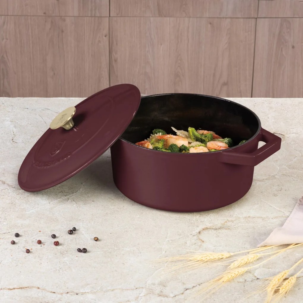 Oală din fontă emailată 4,35L cu capac, 24 cm – Berlinger Haus BH 6542 Leonardo, visiniu, ideală pentru pâine, friptură, cuptor și aragaz