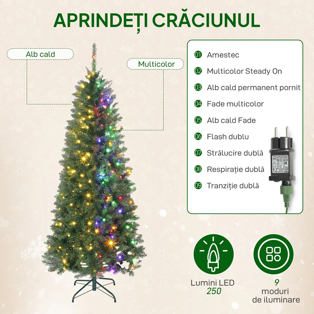 HOMCOM Pom de Crăciun Artificial de 180 cm cu Lumini Incorporate Albe și Colorate în 9 Moduri și 899 Crengi Ignifuge, Brad de Crăciun Dens și Realistic cu Bază Metalică Pliabilă pentru Acasă | Aosom Romania