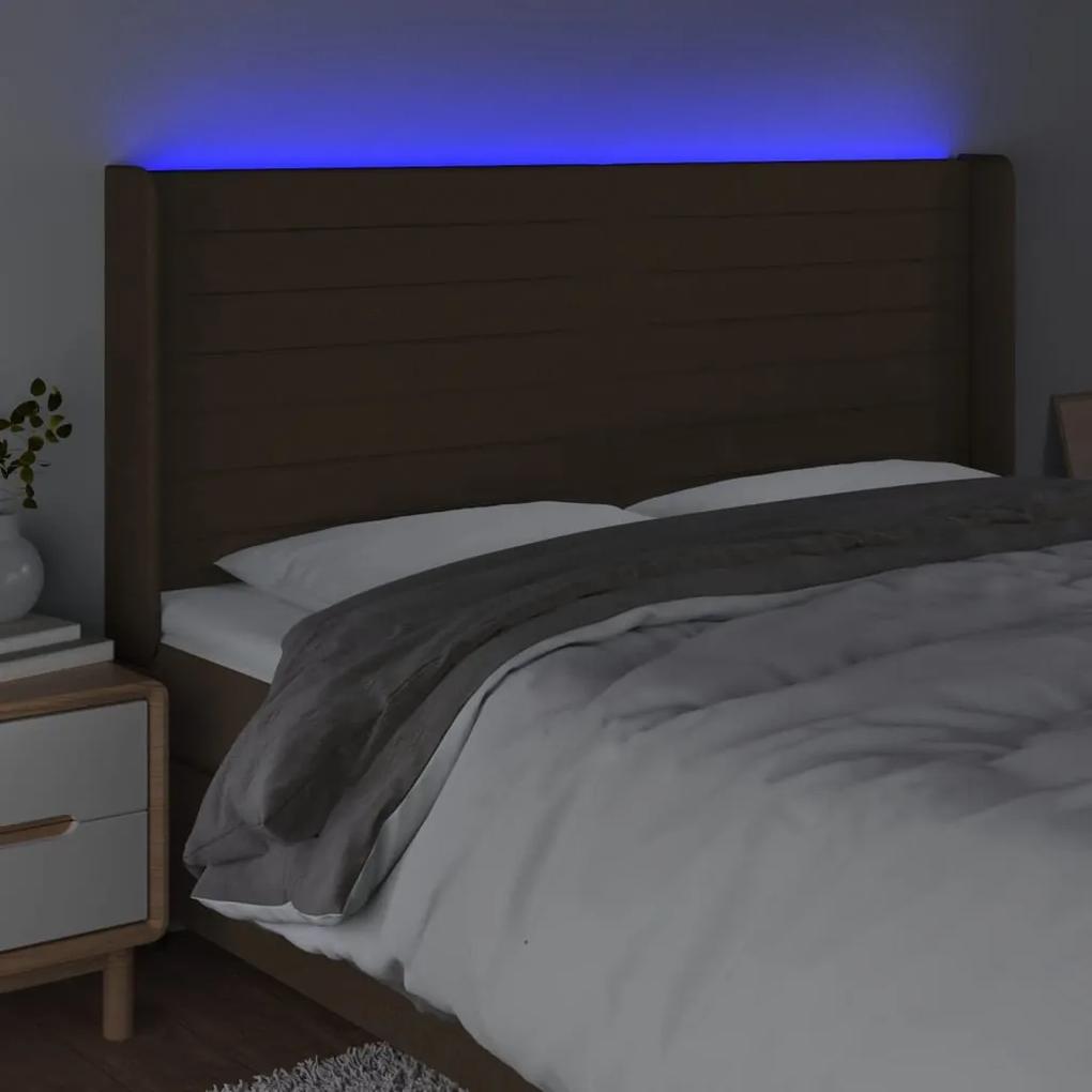 Tablie de pat cu LED, maro inchis, 203x16x118 128 cm, textil 1, Maro inchis, 203 x 16 x 118 128 cm