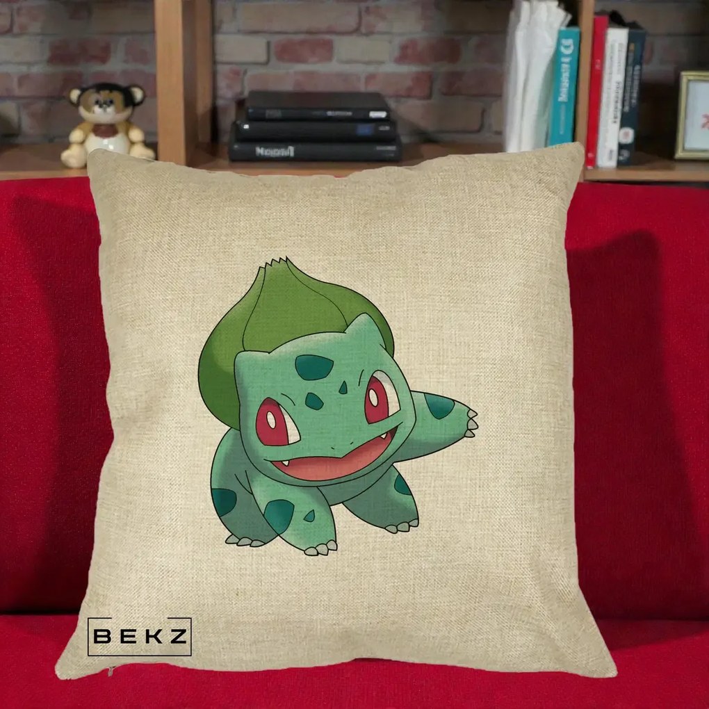 Perna Personalizata Bulbasaur Pokemon, 40x40 cm, Crem, Husa Detasabila, Perna Inclusa, BEKZ®