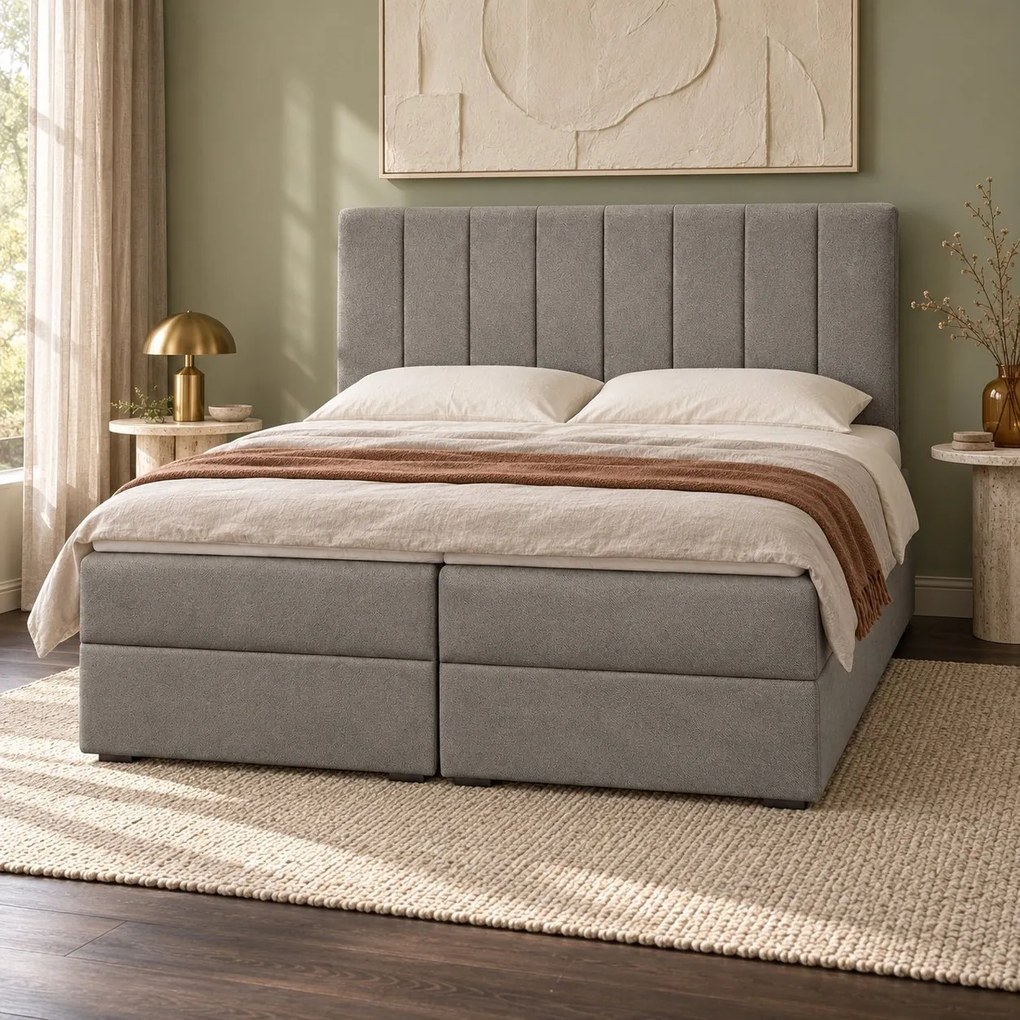 Pat boxspring din catifea Novella cu ladă 160×200 cm, gri deschis