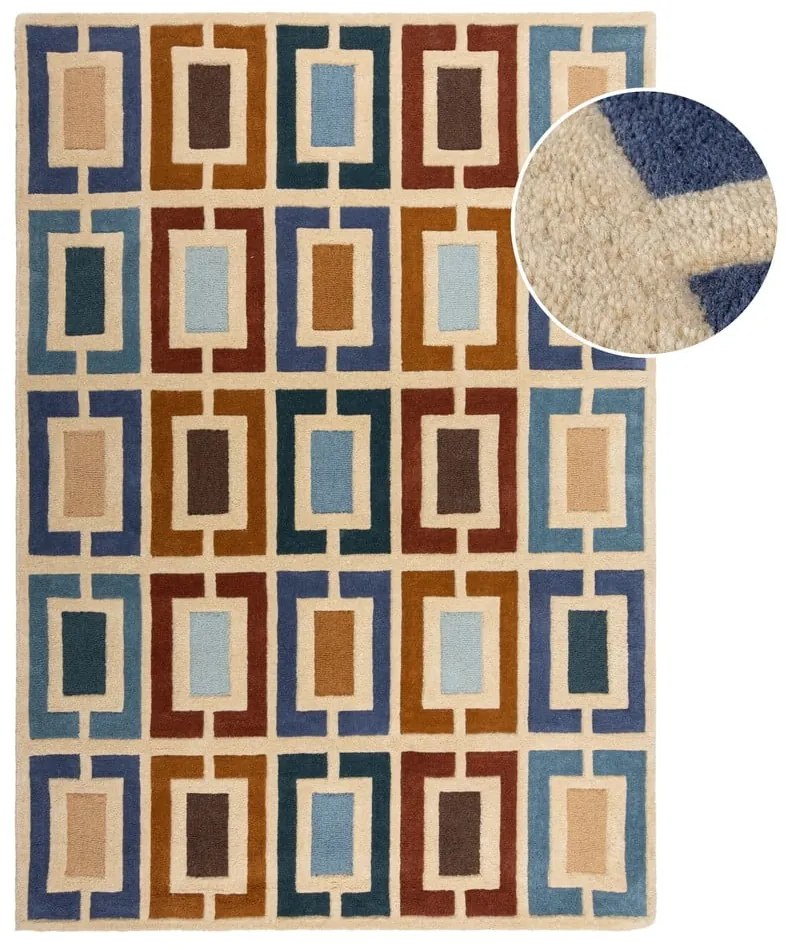 Covor albastru/portocaliu țesut manual din lână 200x290 cm Retro Blocks – Flair Rugs
