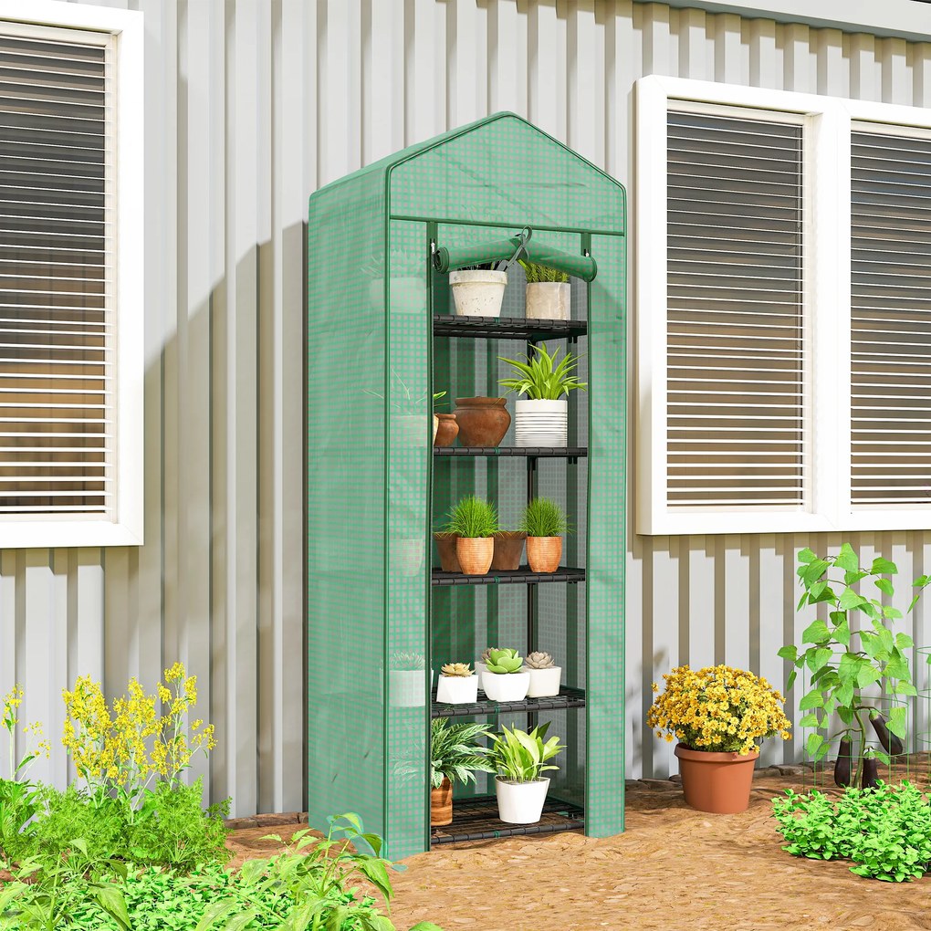 Outsunny Seră de grădină balcon etajere seră 5 niveluri 0,69 x 0,49 x 1,93 m oțel folie rulabilă PE verde | Aosom Romania