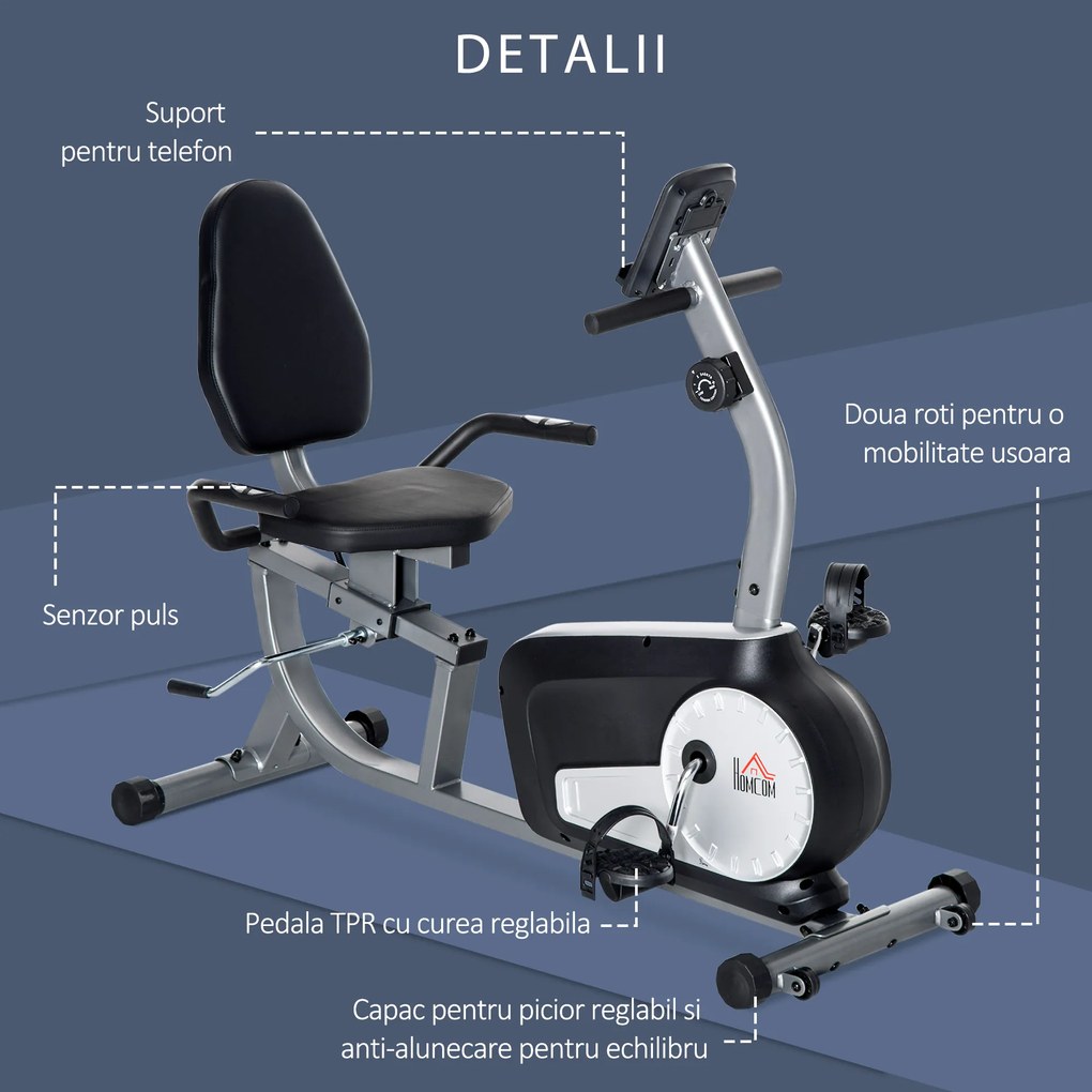 HOMCOM Bicicletă de Exerciții Înclinată Orizontală cu 8 Nivele de Rezistență, Monitor LCD și Scaun Reglabil, 122-137x62x103 cm, Gri | Aosom Romania