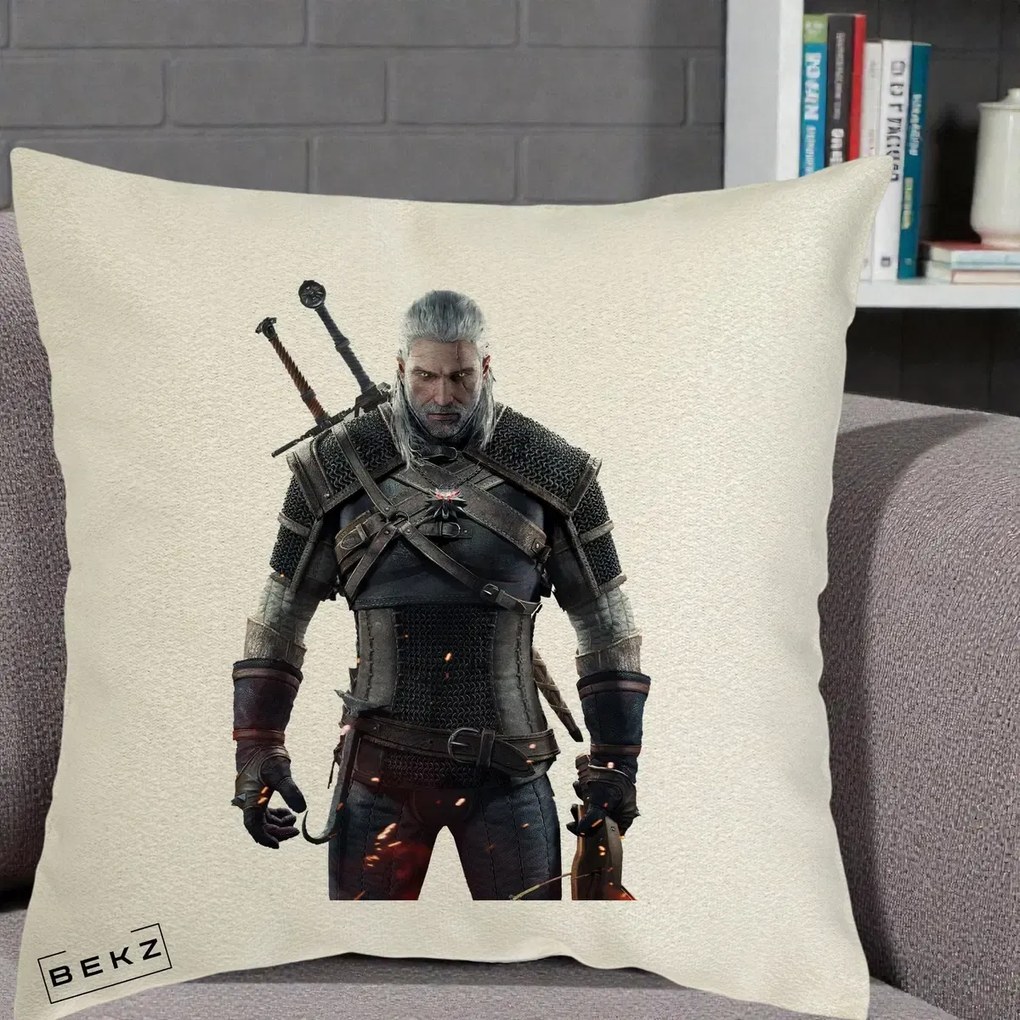 Perna Personalizata The Witcher Geralt of Rivia Portret, 40x40 cm, Ecru, Husa Detasabila, Perna Inclusa, BEKZ®