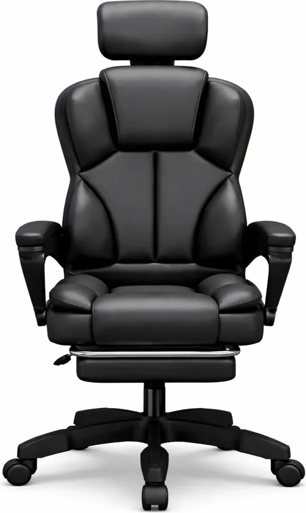 Scaun directorial, spătar înalt, tetiera reglabilă, pivotant 360°, suport picioare, piele PU, Negru